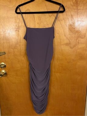 Ruched Spaghetti-Strap Midi Dress in Dusty Lavender